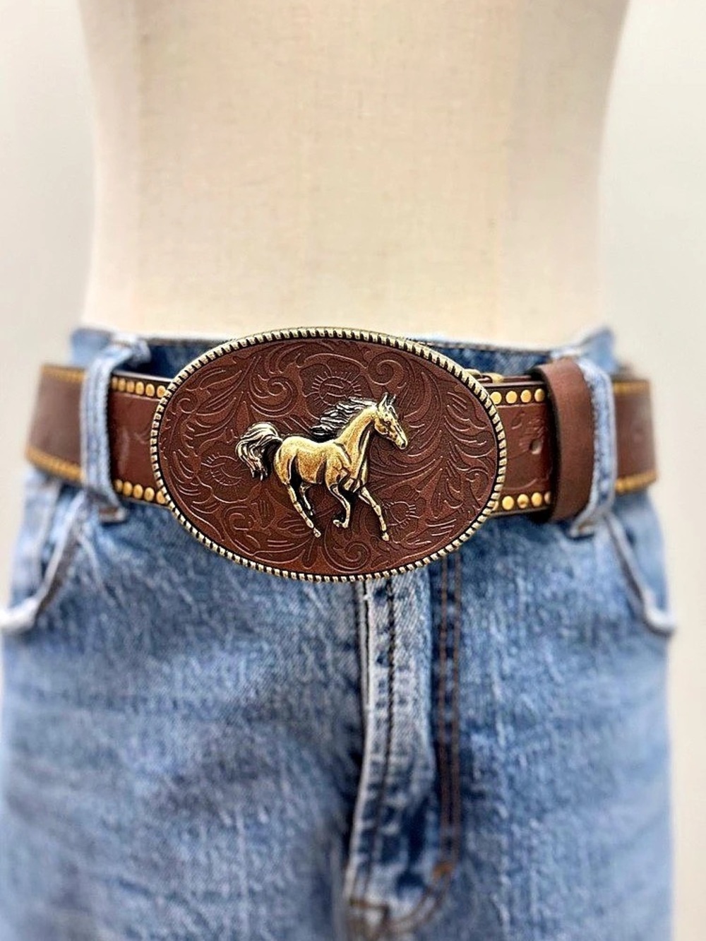 Western Brown Horse Belt Removable Buckle Gold Accent Cowgirl Rodeo Belt